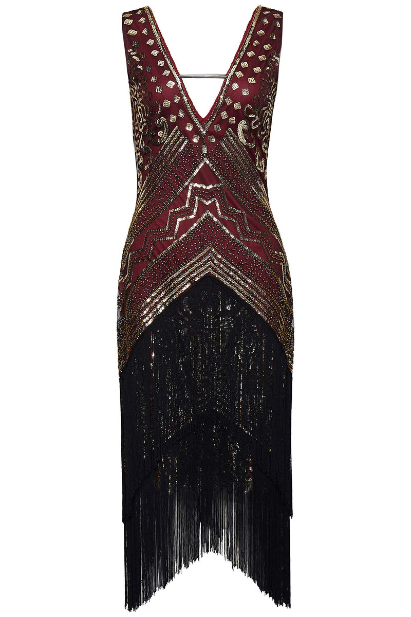 [Australia] - BABEYOND 1920s Flapper Dress V Neck Sequin Beaded Dress Roaring 20s Gatsby Fringe Party Dress Wine Red & Gold Small 