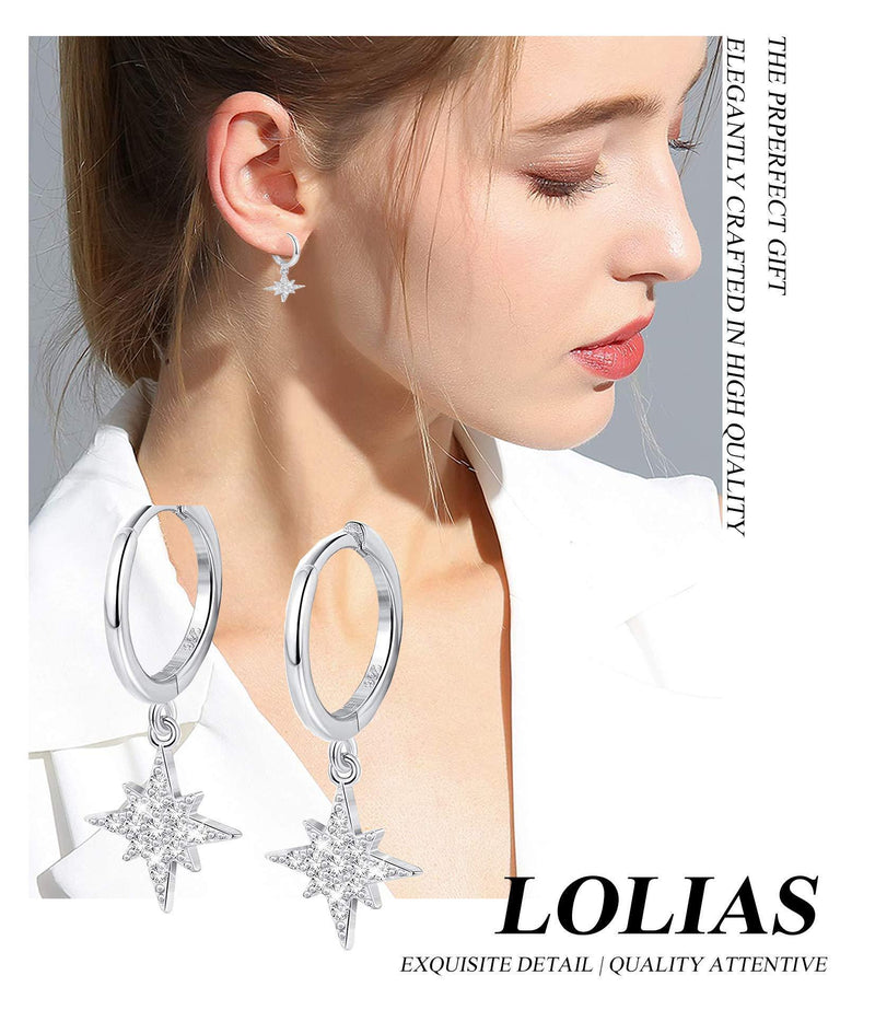[Australia] - LOLIAS 6 Pairs 925 Silver Moon Star Cross Dangle Hoop Earrings for Women Mini Bar Drop Stud Earrings Set Small Huggie Hoop Earring Lightning Cubic Zirconia Earrings 