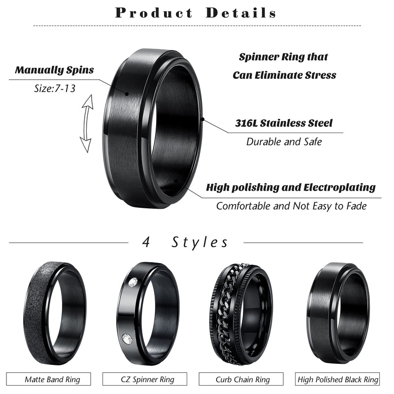 [Australia] - CASSIECA 4 Pcs Black Spinner Rings for Men Women Stainless Steel Fidget Rings Cool Chain Inlaid Anxiety Rings 6-8mm Wide Stress Relieving Wedding Promise Rings Set(Size 7-13) 