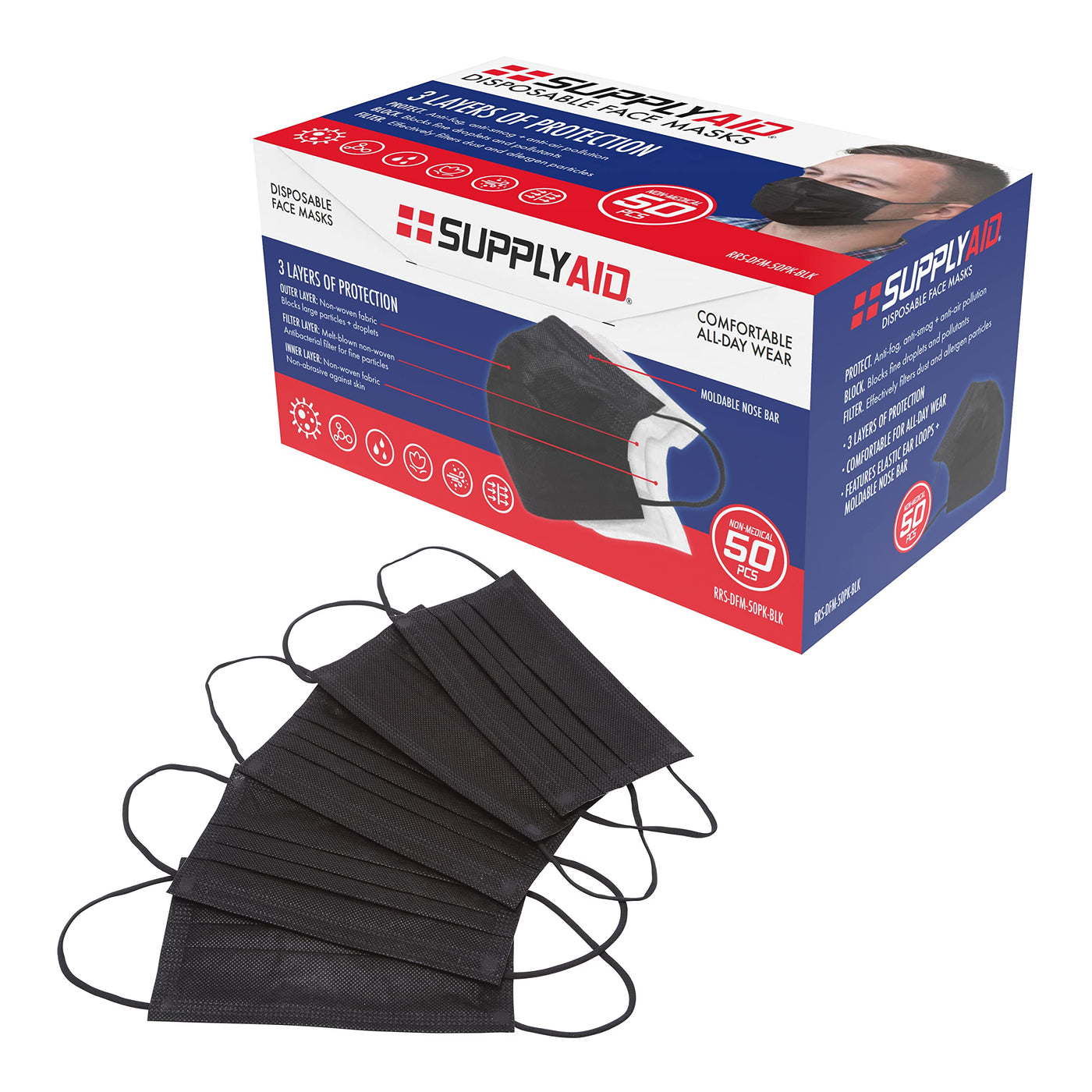 Black Disposable Face Masks - 50 Pack, Black -Soft on Skin - 3 Ply  Protectors with Elastic Earloops