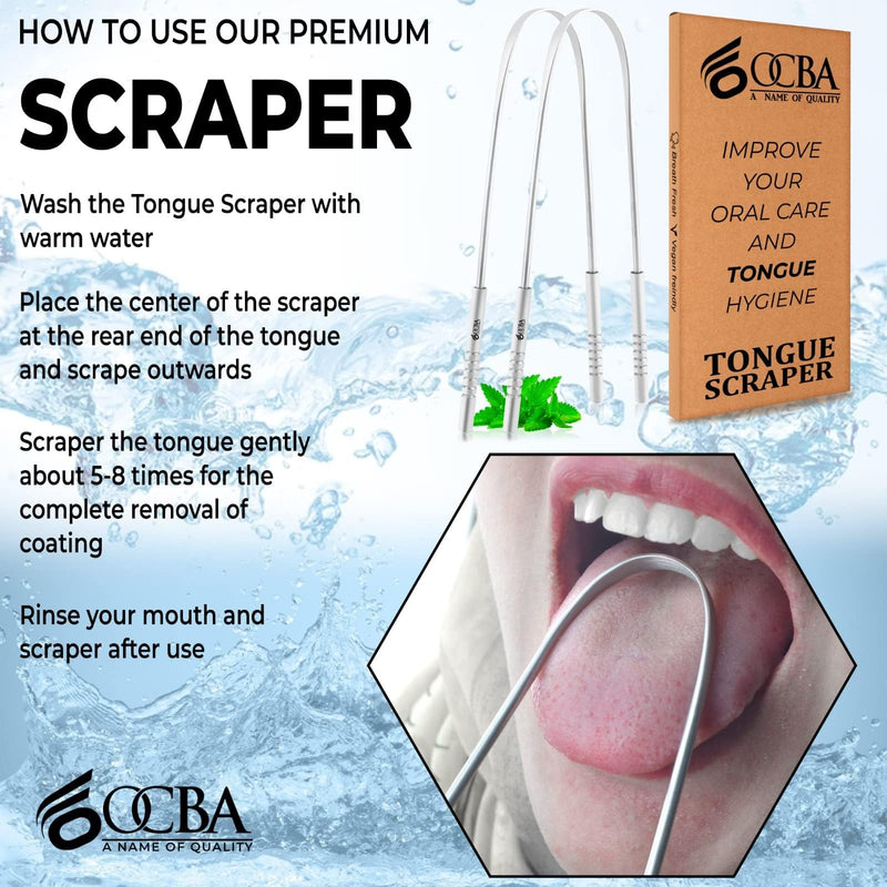 [Australia] - OCBA 2 Pack Tongue Scraper for Oral Health Natural Silver Tongue Cleaner Rustproof Use After Toothbrush for Fresh Breath Stainless Steel 