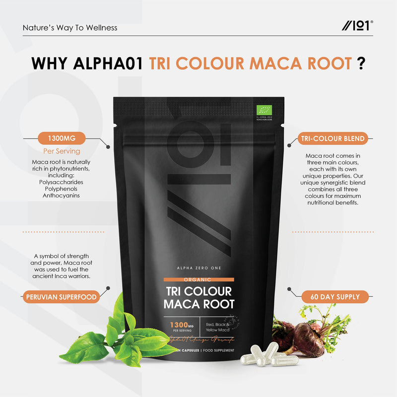 [Australia] - Organic Maca Root 1300mg - High Strength Black, Red & Yellow - Not Tablets, Powder or Oil, Synergistic Formula, Halal, 60 Vegan Capsules 60 Caps (Bag) 