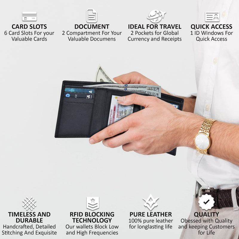 [Australia] - Slim RFID Wallets for Men - Genuine Leather Front Pocket Trifold Wallet Black 