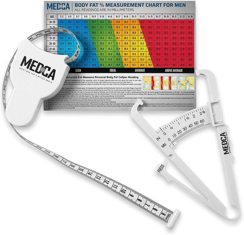 [Australia] - Body Tape Measure and Skinfold Caliper Body Fat Monitor Set - (Pack of 2) - Double Sided Body Tape Measures (150 cm /60 inches) - Skin Fold Body Fat Analyzer and BMI Measurement Tool, White by MEDca 