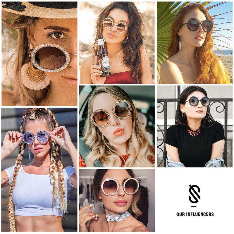 [Australia] - SOJOS Shining Oversized Round Rhinestone Sunglasses Festival Gem Sunnies SJ1095 C2 Gold Frame/Gradient Brown Lens With White Diamonds Multicoloured 