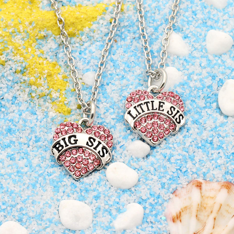 [Australia] - lauhonmin Sister Gifts Necklace Set Pink Crystal Big Sister Little Sister Charms for Family Women Girl Pack of 2 