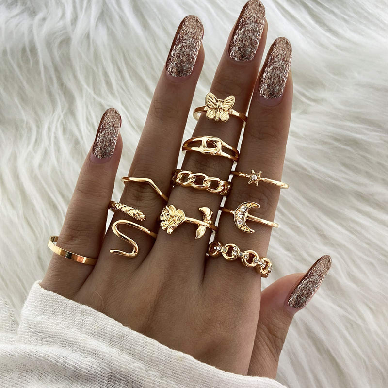 [Australia] - Gold Rings Set for Women Girls Snake Chain Knuckle Stacking Ring Vintage BOHO Midi Rings SIze Mixed Design 1 