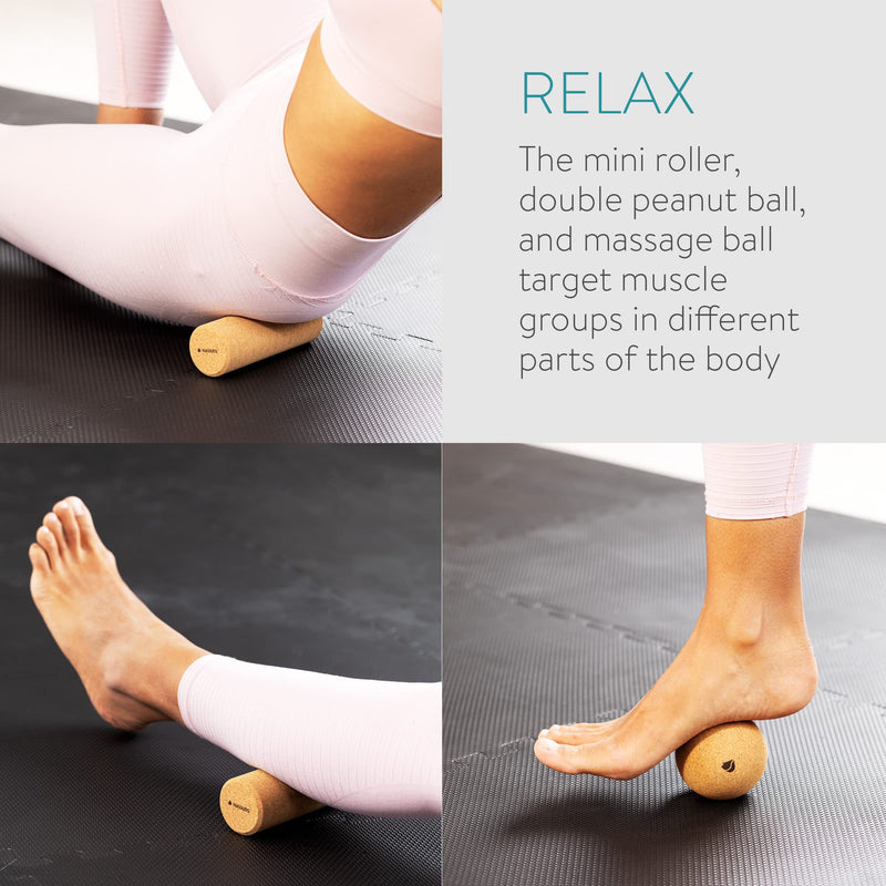 [Australia] - Navaris Cork Massage Set - Rollers for Back and Muscles - Different Sets Available with Choice of Shapes Like Peanut Roller, Massage Ball, Mini Roller Ball + Peanut + Roller 