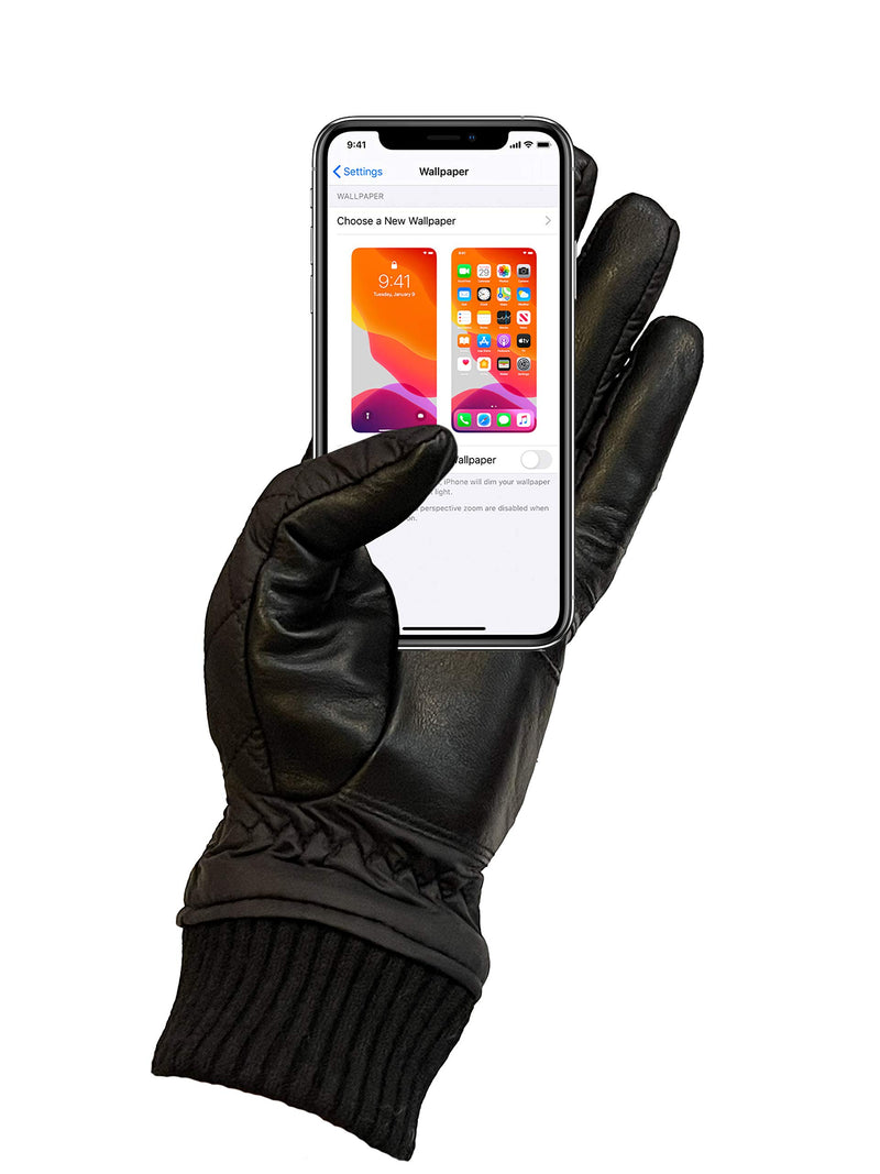 [Australia] - OADUS Unisex Quilted Nylon Warm Winter Gloves with Leather Touchscreen Texting Technology and Thinsulate Insulation Small Black 