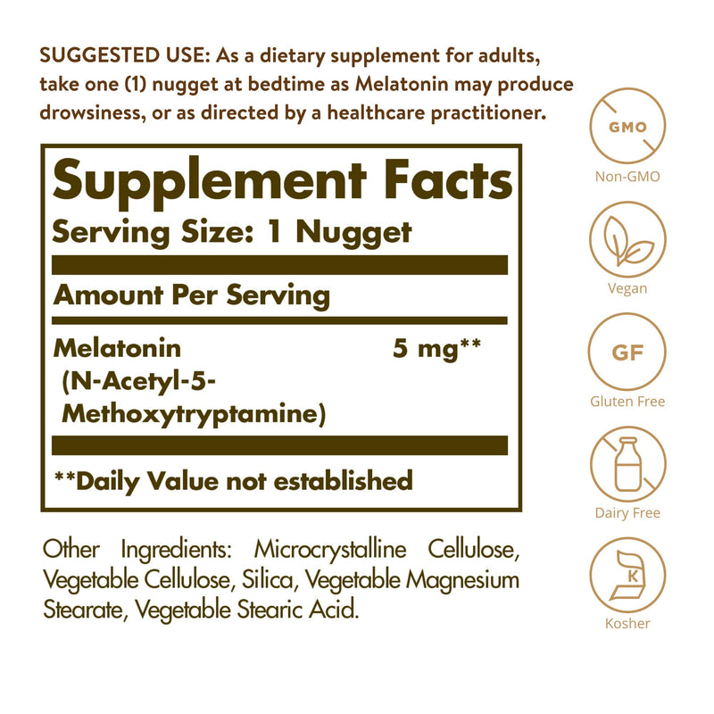 [Australia] - Solgar Melatonin 5 mg, 120 Nuggets - Helps Promote Relaxation & Sleep - Clinically-Studied Melatonin - Supports Natural Sleep Cycle - Vegan, Gluten Free, Dairy Free, Kosher - 120 Servings 