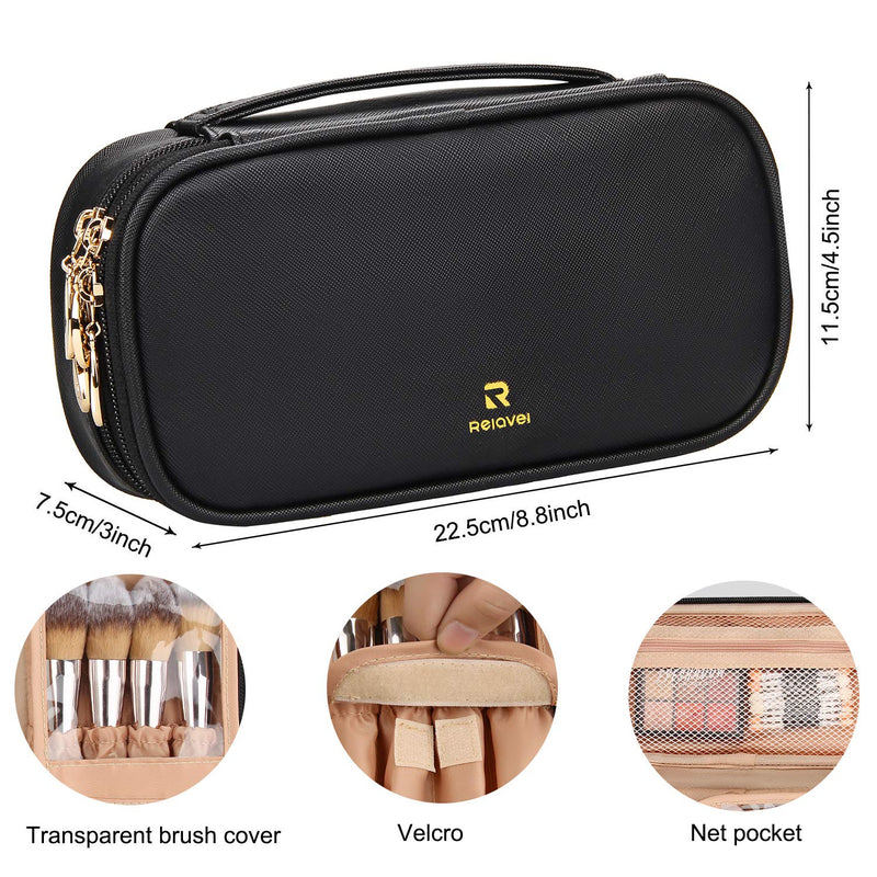 [Australia] - Makeup Bag, Relavel Small Travel Makeup Bag Cosmetic Bags for Women Girls Dual Layer Compact Makeup Storage Brush Holder Organizers Black Zipper Pouch Cosmetic Case (Small, Black) 