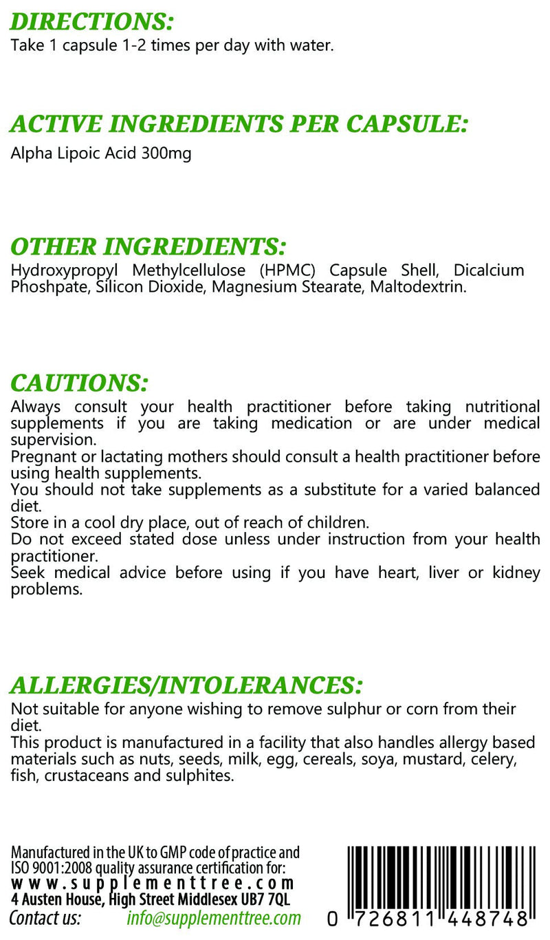 [Australia] - Alpha Lipoic Acid 300mg 120 Capsules - Easy to take Daily ALA Supplement - UK Manufactured GMP Guaranteed Quality 