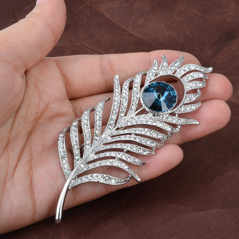 [Australia] - OBONNIE Women Silvery Tone CZ Crystal Rhinestones Large Peacock Feather Brooch Pin Wedding Party Badge 