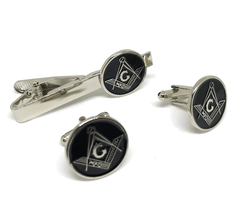 [Australia] - PinMaze Masonic Freemason Square Compass Tie Clip - Trowel Tiebar Set Tie Bar + Cufflinks Black 