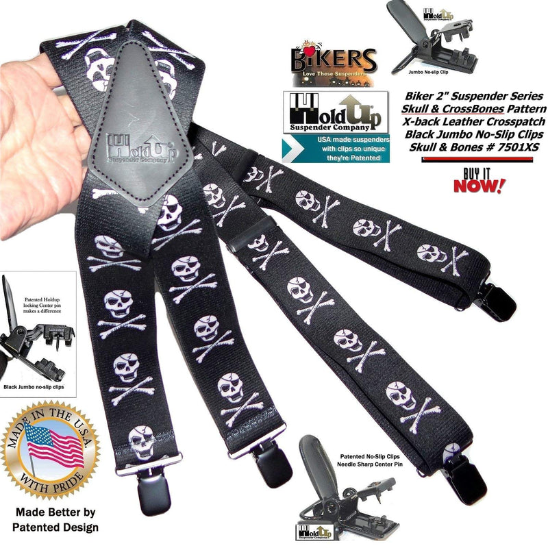 [Australia] - Holdup Brand Skull & Crossbones pattern X-back Biker Suspenders with Jumbo No-slip Clips 