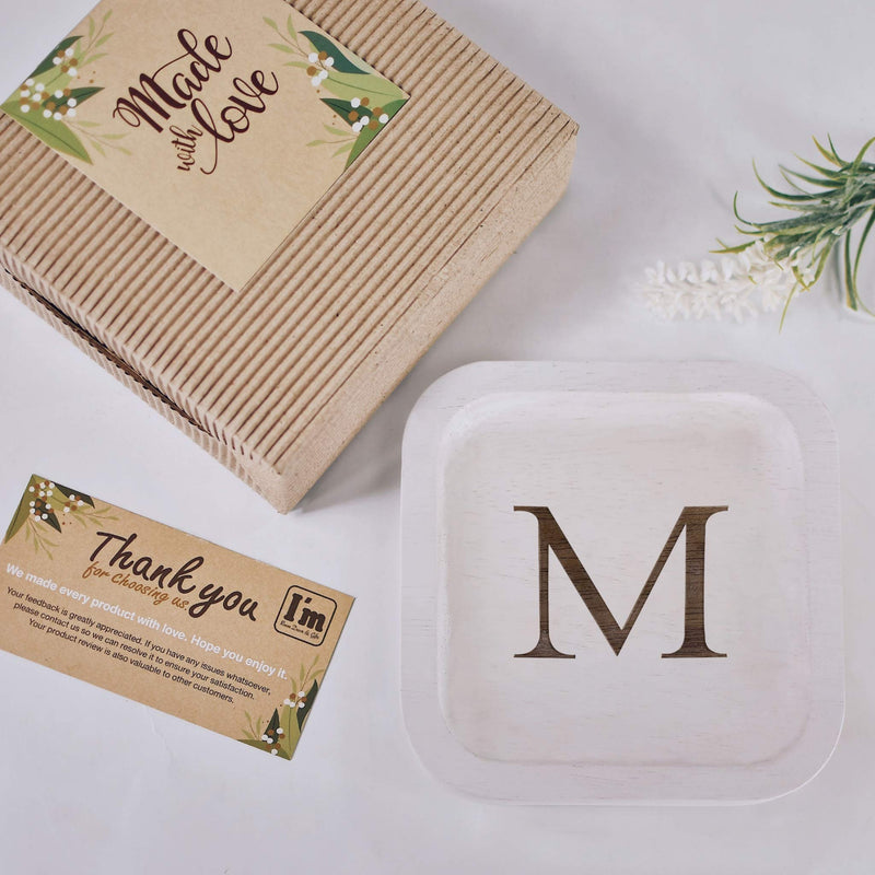 [Australia] - Solid Wood Personalized Initial Letter Jewelry Display Tray Decorative Trinket Dish Gifts For Rings Earrings Necklaces Bracelet Watch Holder (6"x6" Sq White "M") 6"x6" Sq White "M" 