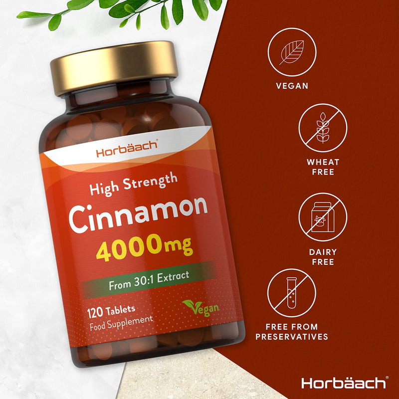 [Australia] - Cinnamon Tablets 4000mg | High Strength Supplement for Blood Sugar Levels & Metabolism Support | Rich Source of Calcium | 120 Vegan Tablets | by Horbaach 