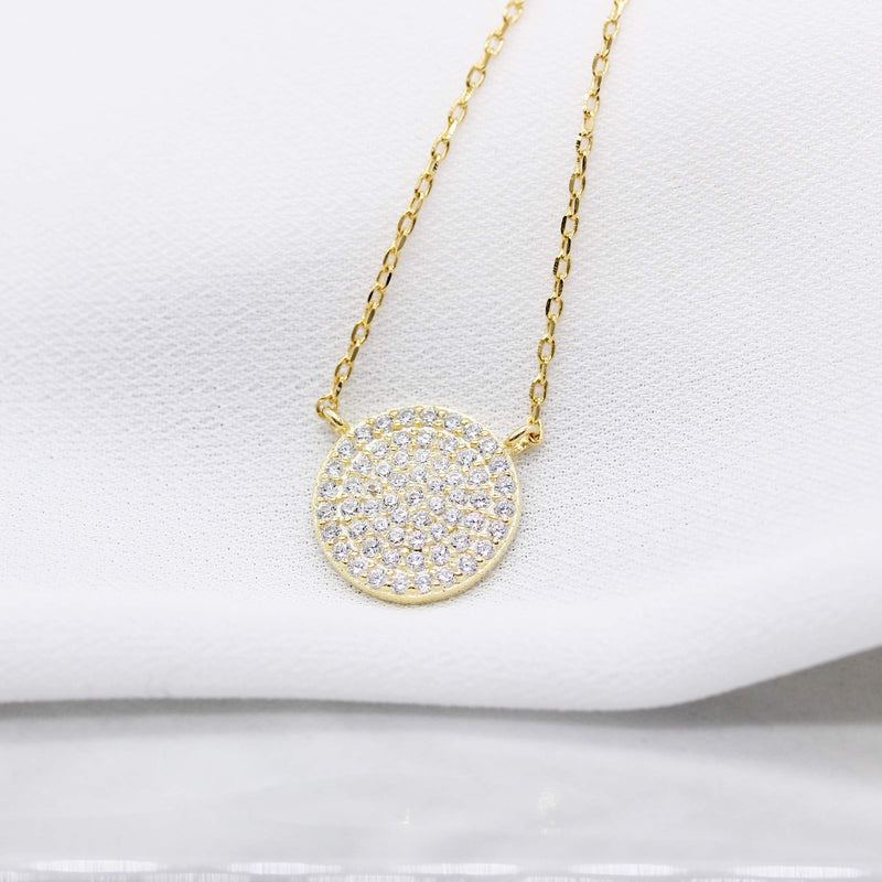 [Australia] - Spoil Cupid 14K Gold Plated 925 Sterling Silver Cubic Zirconia Disc Necklace With Circle Pendant 12mm Diameter, 18 Inch 