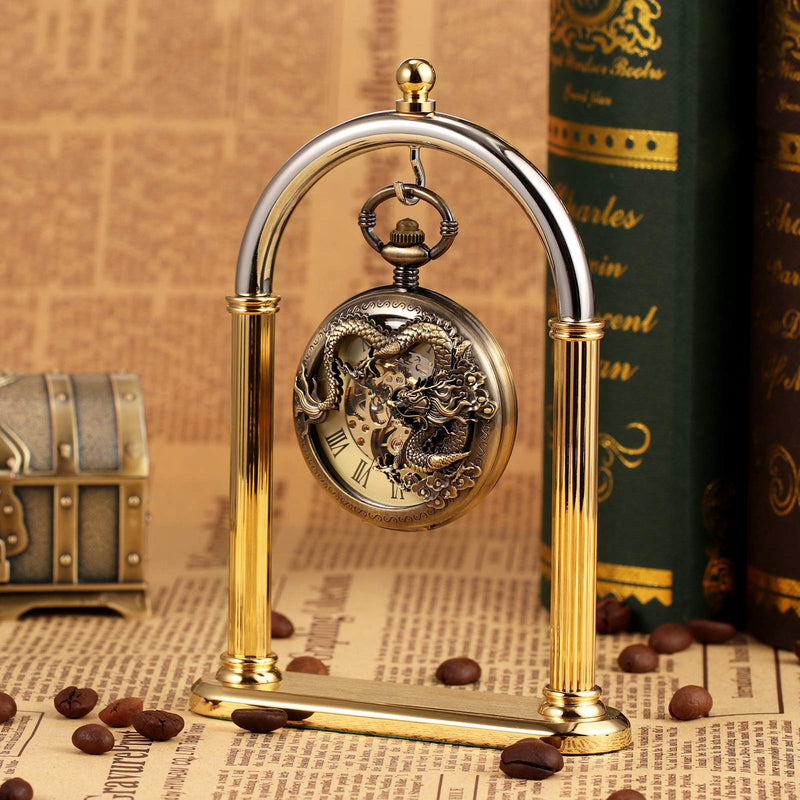 [Australia] - TREEWETO Mens Antique Skeleton Mechanical Pocket Watch Dragon Hollow Hunter with Chain and Box Bronze 