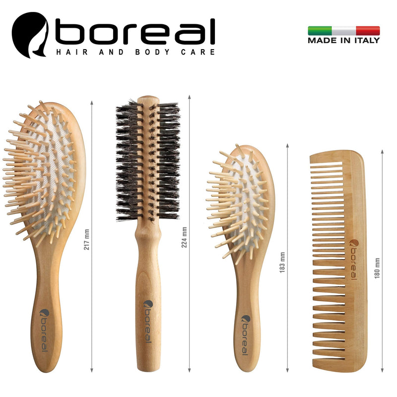[Australia] - THE ORIGINAL BRUSH BOX. Hair brush set, natural wood consisting of: Pneumatic brush big model, pneumatic brush for woman purse, roller brush bristle fibres 57 mms. diameter, comb. All wrapped in an elegant gift box. 