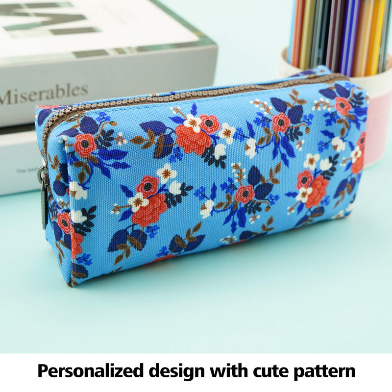 [Australia] - LParkin Birch Floral Canvas Pencil Case Teacher Gift Flower Pen Bag Gadget Pouch Stationary Case Makeup Cosmetic Bag Box Blue 
