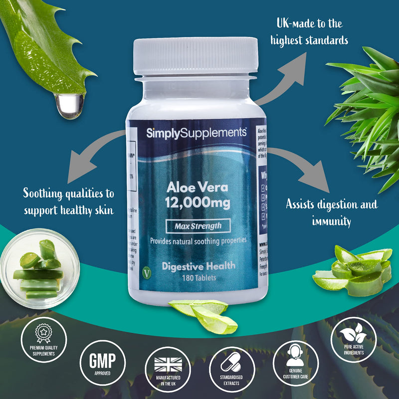 [Australia] - Aloe Vera Tablets 12,000mg | Digestive Support Supplement | Vegan & Vegetarian Friendly | 180 Aloe Vera Extract Tablets = 3 Month Supply | Manufactured in The UK 
