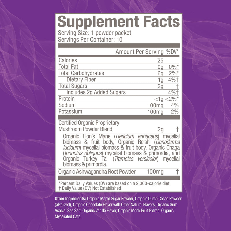 [Australia] - Om Mushroom Superfood Hot Chocolate Blend Mushroom Powder, Single Serve, 10 Count, Dutch Cocoa, 2g of Sugar, 25 Calories, Lion's Mane, Reishi, Chaga, Turkey Tail, Focus and Stress Support 10 Servings 