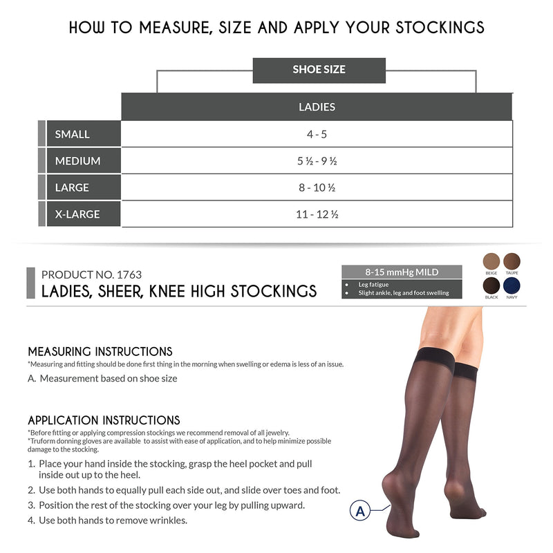 [Australia] - Truform Sheer Compression Stockings, 8-15 mmHg, Women's Knee High Length, 20 Denier, Beige, Large Large (1 Pair) 