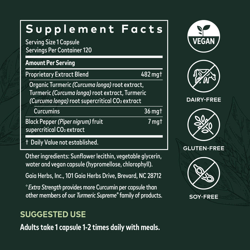 [Australia] - Gaia Herbs Turmeric Supreme Extra Strength - Helps Reduce Occasional Inflammation from Normal Wear & Tear - with Turmeric & Black Pepper - 120 Vegan Liquid Phyto-Capsules (Up to 120-Day Supply) 120 Count (Pack of 1) Standard Packaging 