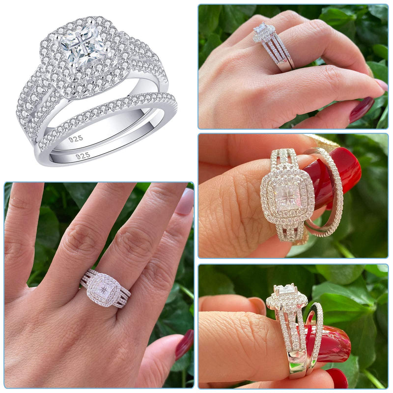 [Australia] - AHLOE JEWELRY 1.7Ct Sterling Silver Wedding Ring Sets for Women Princess Engagement Band 18k White Gold Square Cz Size 5-10 