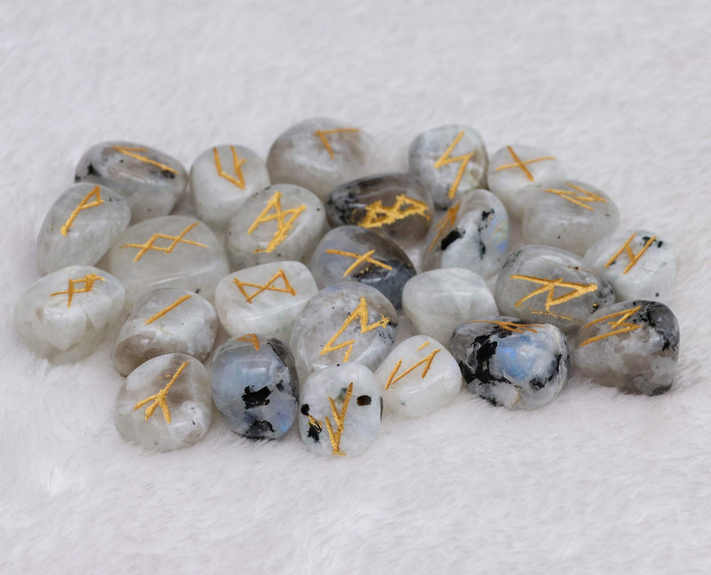 [Australia] - Crocon Rainbow moonstone tumbled Gemstone Engraved Rune Stones Set (25 Pcs) with Elder Futhark Alphabets & 1 Pendulum Meditation healing set Size: 15-20 mm 