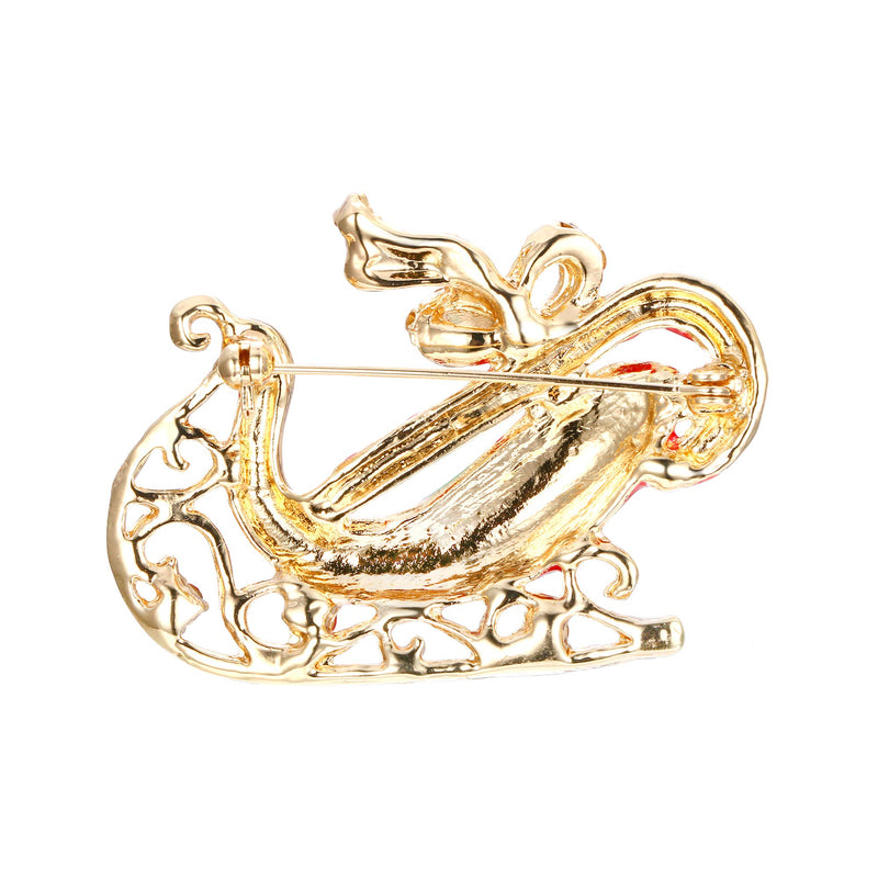 [Australia] - EVER FAITH Red Santa Claus Sleigh Candy Cane Bowknot Brooch Austrian Crystal Gold-Tone 