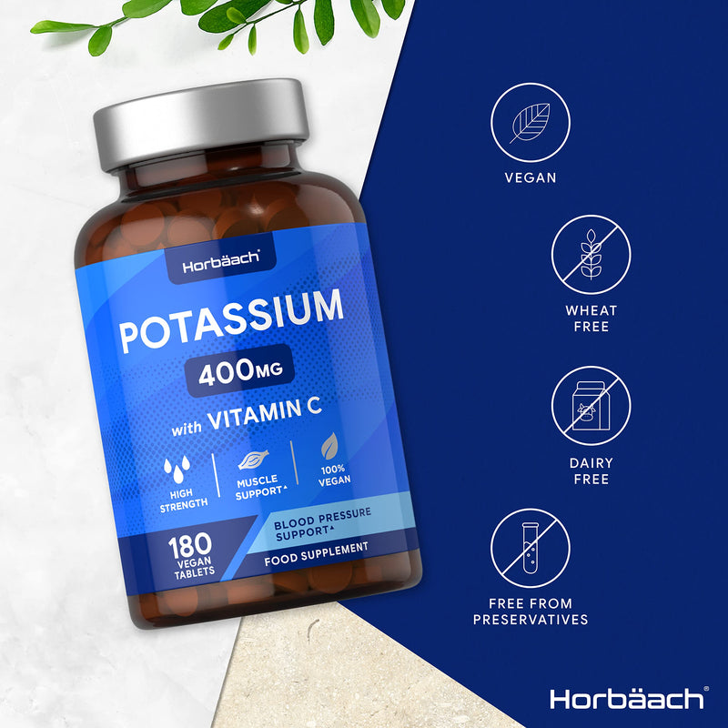 [Australia] - Potassium Supplement 400mg with Vitamin C | 180 Vegan Tablets | Potassium Chloride for Normal Blood Pressure & Muscle Support | No Artificial Preservatives | by Horbaach 