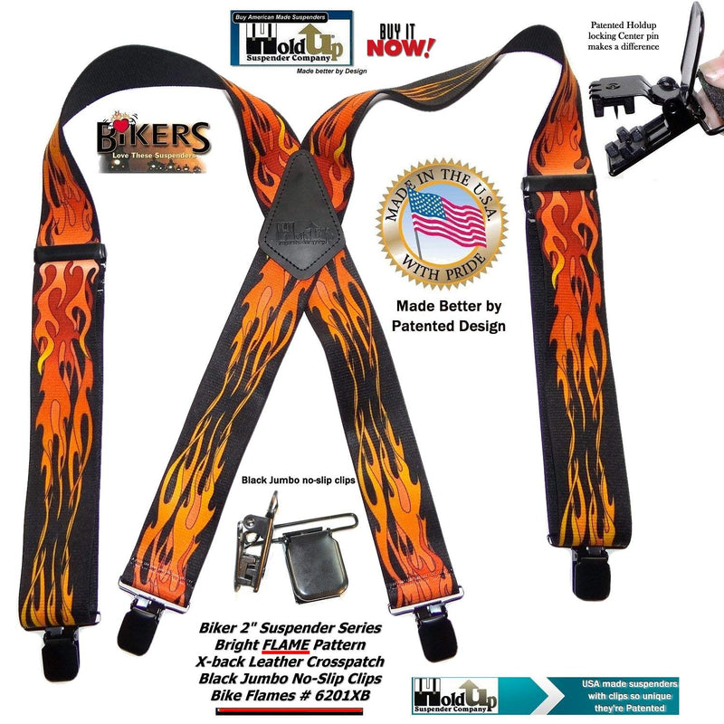 [Australia] - Holdup Suspender Company Flame Pattern 2" wide Biker Suspenders with Patented Jumbo black no-slip Clips 