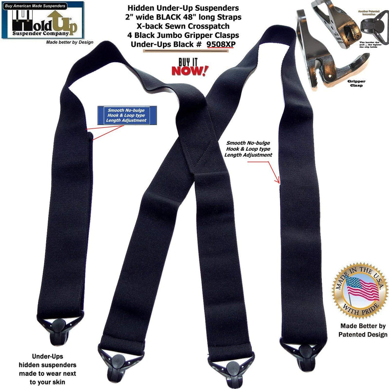 [Australia] - Holdup Hidden Undergarment Black 2 inch wide Suspenders with Jumbo Gripper Clasp 