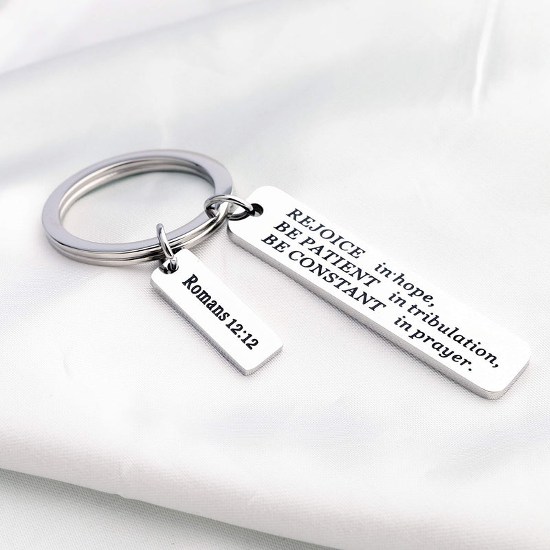 [Australia] - FUSTMW Christian Keychain Religious Gifts Bible Verse Jewelry Rejoice in Hope Be Constant in Prayer Romans 12:12 Scripture Key Chains Gifts silver 