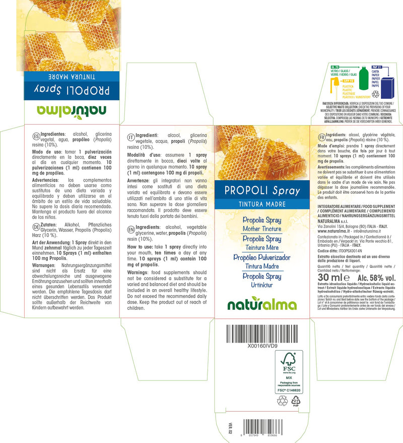 [Australia] - Propolis Spray (Propolis) Resin Hydroalcoholic Mother Tincture NATURALMA | Liquid Extract 30 ml | Food Supplement With alcohol 30 ml (Pack of 1) 