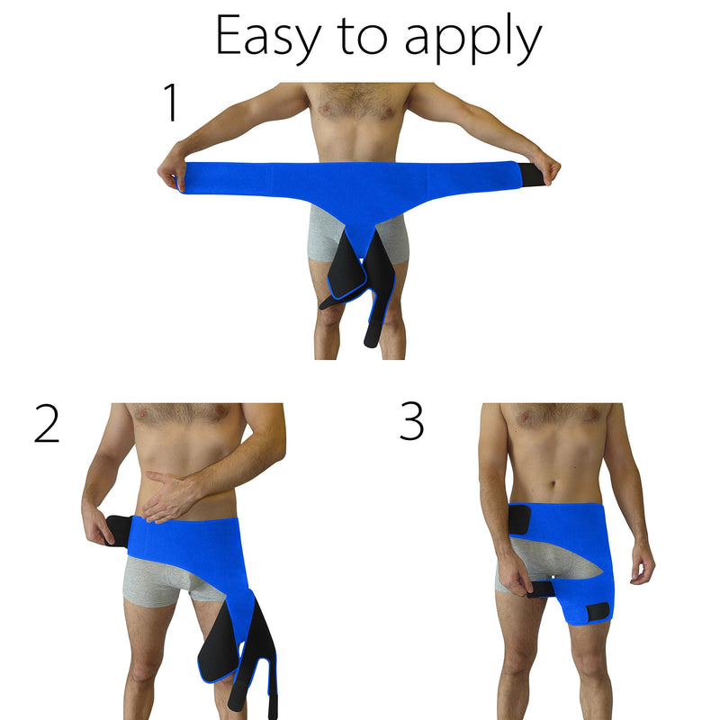 [Australia] - Hip Brace - Hamstring Thigh Compression Support - Sciatica Pain Relief Brace - Wrap for Hip Flexor Strain, Groin Pull, SI Joint, Arthritis, Bursitis, Sciatic Nerve for Men, Women (Blue) Blue 