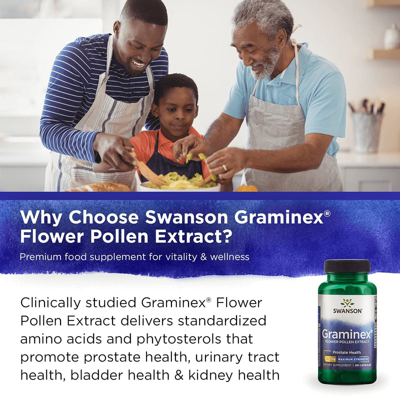 [Australia] - Swanson Maximum Strength Graminex Flower Pollen Extract - Supports Prostate Health, Urinary Tract Function, and Kidney Health - Mens Health Supplement - (60 Capsules, 500mg Each) 1 