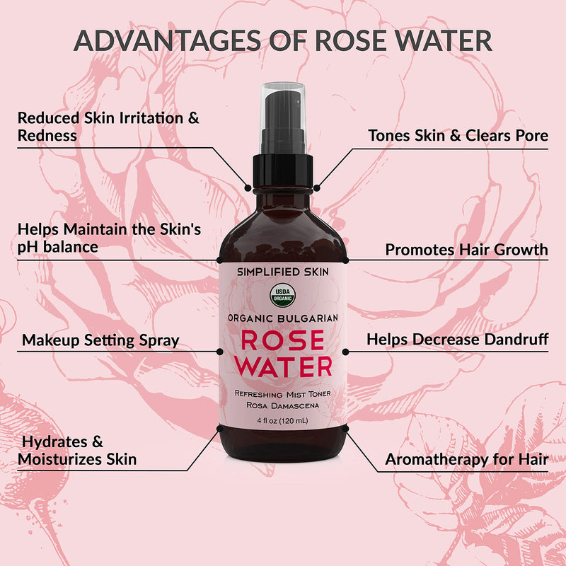 [Australia] - Rose Water for Face & Hair, USDA Certified Organic Facial Toner. Alcohol-Free Makeup Setting Hydrating Spray Mist. 100% Natural Anti-Aging Petal Rosewater by Simplified Skin (4 oz) - 1 Pack 4 Fl Oz (Pack of 1) 