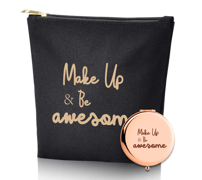 [Australia] - Make Up & Be Awesome -Birthday Gift For Sisters Friend Mom Wife -Makeup Bag And Rose Gold Mirror Gift -Set Of 2 