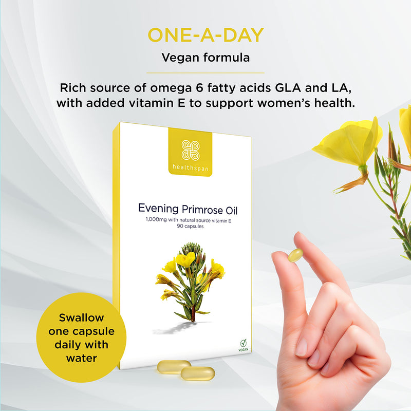 [Australia] - Healthspan Evening Primrose Oil 1,000mg (90 Capsules) | Omega 6 Fatty Acids | Women's Health | Added Vitamin E | Gamma Linolenic Acid & Linoleic Acid | Protects Cells from Oxidative Stress | Vegan 90 Count (Pack of 1) 