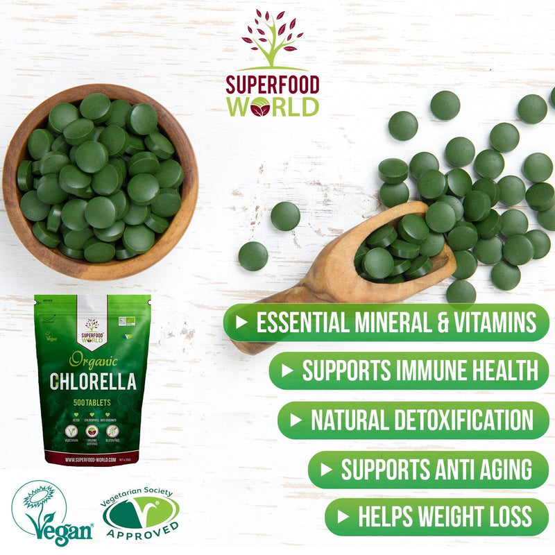 [Australia] - Organic Chlorella Tablets (500 X 500mg) Premium Detox Chlorophyll Superfood | Natural Source of Vegan Protein, Minerals & Vitamins | Cracked Cell Wall | Ideal for Health, Detox, Skin, & Energy 
