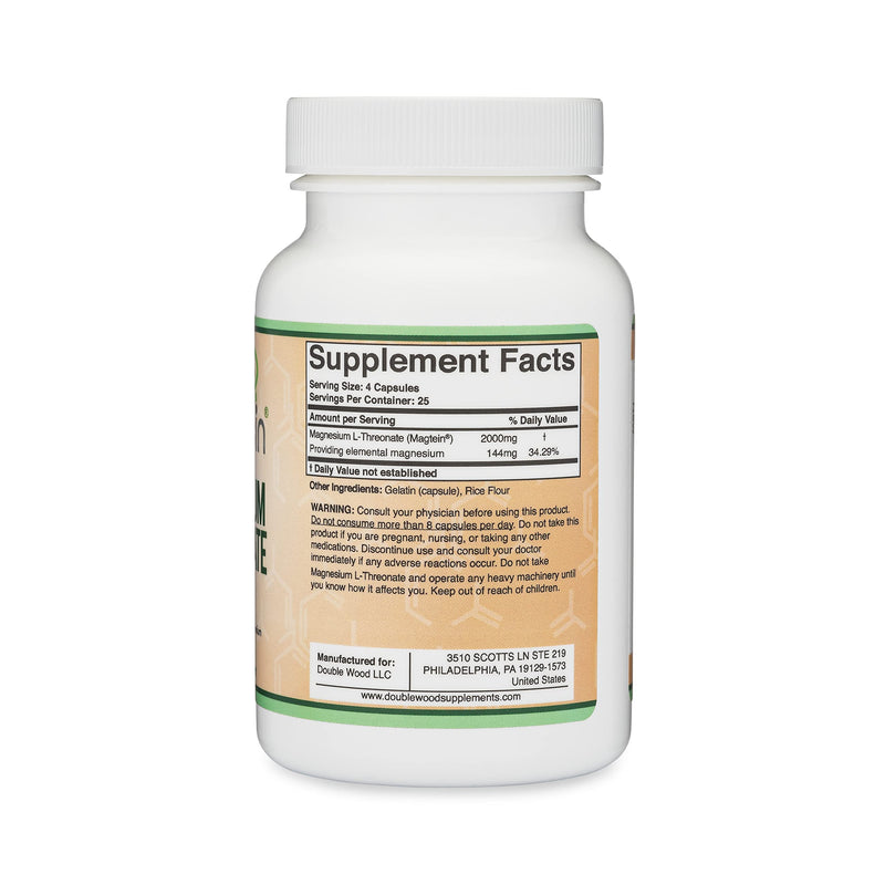 [Australia] - Double Wood Magnesium L Threonate Supplement | 100 High Strength Magnesium L Threonate Capsules - 2000mg Bioavailable Form Magnesium per Serving | Non-GMO & Gluten Free 