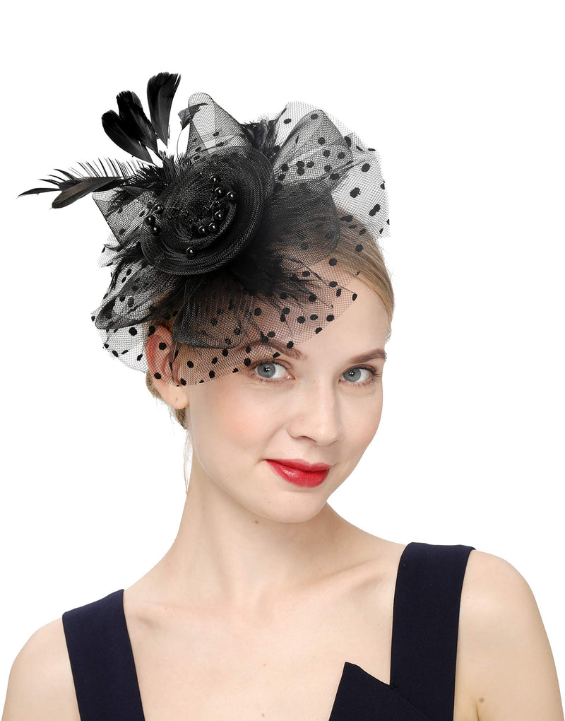 [Australia] - Fascinators Hat for Women Tea Party Headband Kentucky Derby Wedding Flower Cocktail Mesh Feathers Hair Clip 1-a-black 