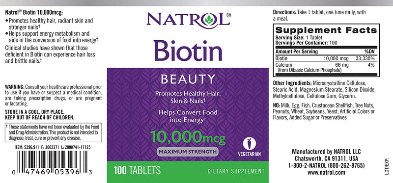 [Australia] - Natrol Biotin Beauty Tablets, Promotes Healthy Hair, Skin and Nails, Helps Support Energy Metabolism, Helps Convert Food Into Energy, Maximum Strength, 10,000mcg, 100 Count (Pack of 1) 100 Count (Pack of 1) 