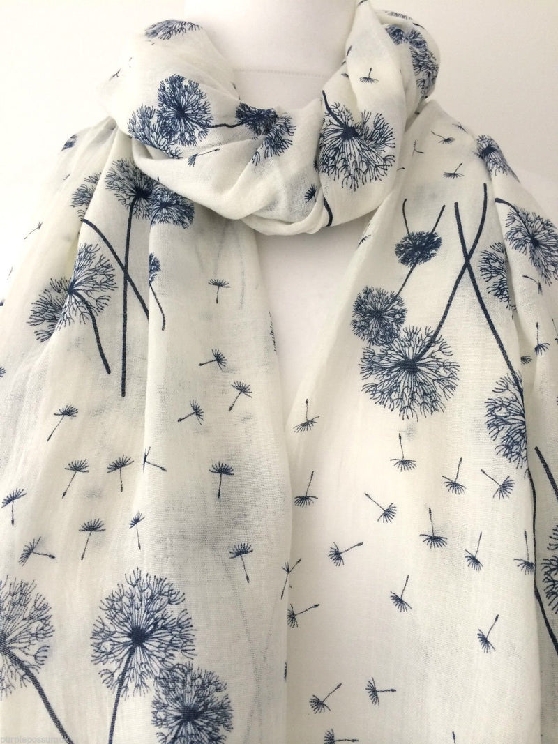 [Australia] - Purple possum® Cream Floral Scarf Ladies Ivory Navy Blue Flowers Wrap Dandelion Flower Shawl 