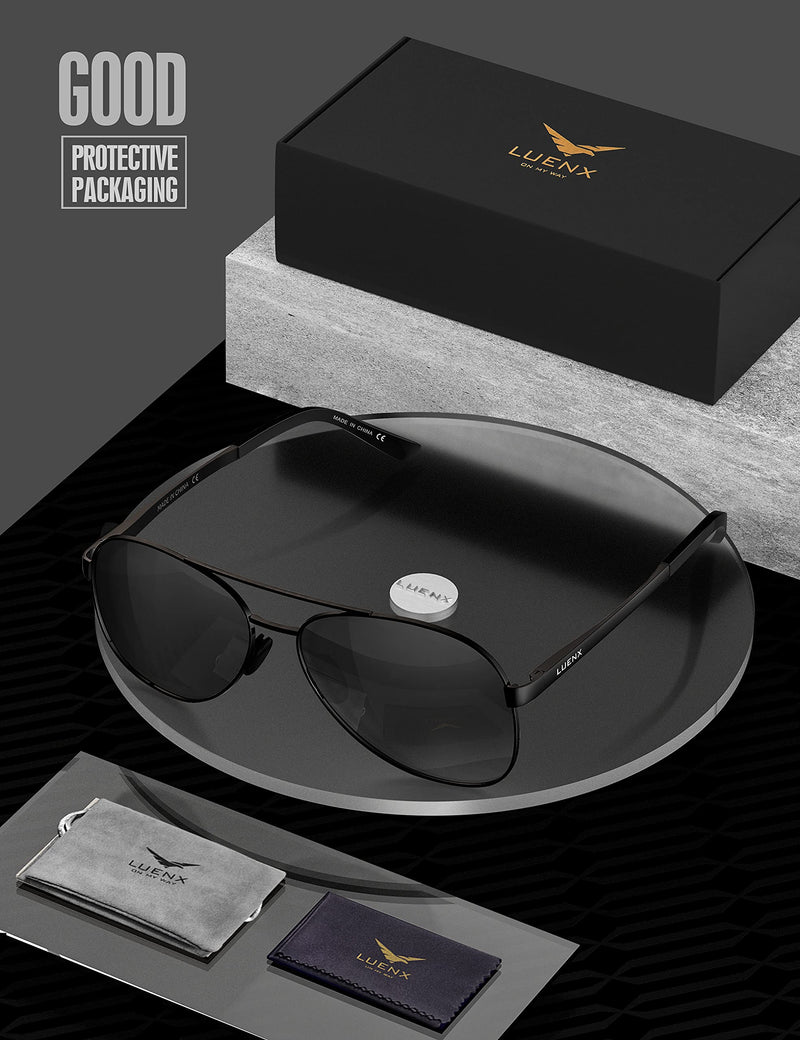 [Australia] - LUENX Aviator Sunglasses for Men Women-Polarized Driving UV 400 Protection 60 MM 13-black/Non-mirrored/Without Zipper Case 60 Millimeters 