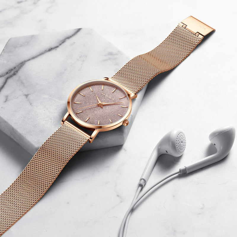 [Australia] - SUNWH Womens Watches Ultra Thin Minimalist Waterproof -Fashion Quartz Wrist Watch for Women Girls with Ladies Dress Stainless Steel Mesh Band Dial Rose gold 