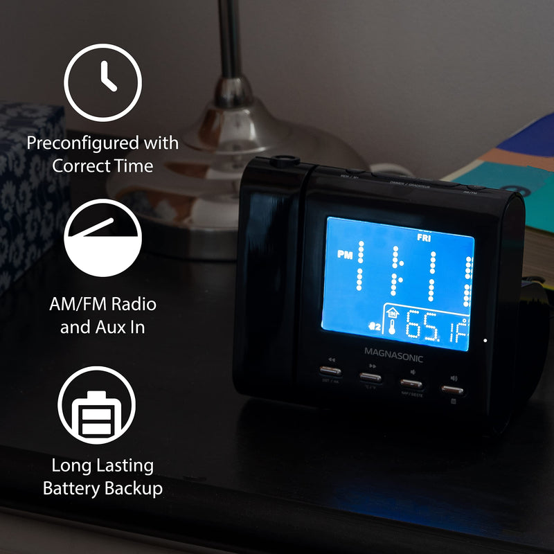 [Australia] - Magnasonic Projection Alarm Clock with AM/FM Radio, Battery Backup, Auto Time Set, Dual Alarm, Nap/Sleep Timer, Indoor Temperature/ Date Display with Dimming & 3.5mm Audio Input - White (EAAC601W) White Body 